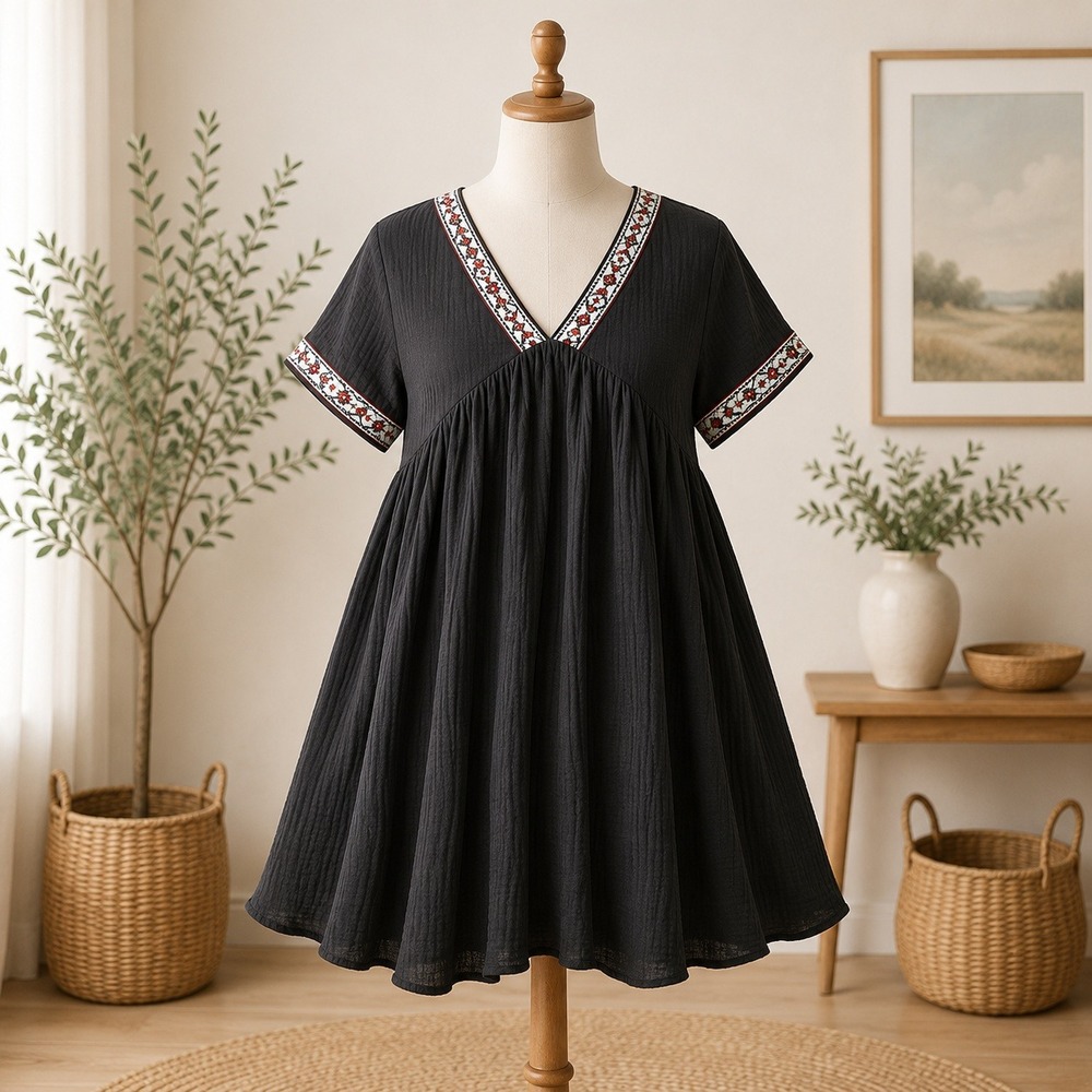 NWT Cupshe Cover Up Dress Womens Large Black Embroidered Gauze Babydoll V-Neck